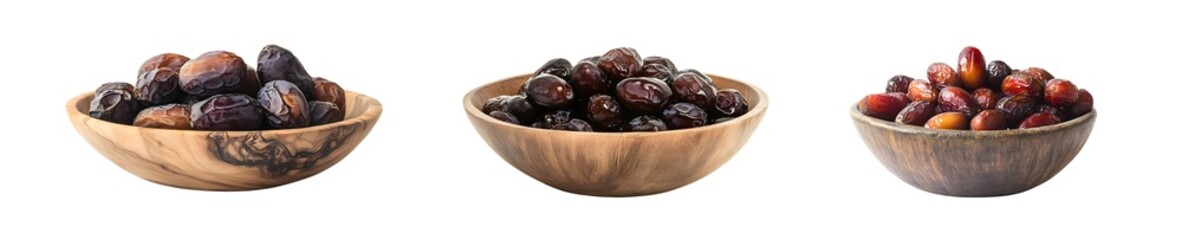 Poster - set of Assorted dried fruit in wooden bowls. isolated on transparent background