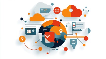 Poster - An abstract depicting a digital globe surrounded by interconnected data nodes symbolizing the global communication and information networks