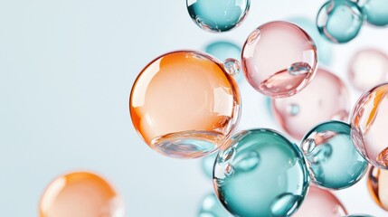 Poster - An abstract image featuring vibrant translucent liquid spheres in shades of pink orange and turquoise floating and reflecting light in a minimalist dreamlike composition