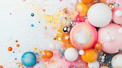 Poster - An abstract and captivating image featuring floating translucent liquid spheres in a dynamic arrangement of vibrant trendy pink orange and pastel colors