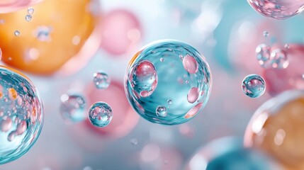 Poster - Captivating abstract composition featuring mesmerizing liquid droplets in a palette of vibrant pink orange and blue hues creating a surreal and visually striking scene