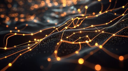 Poster - An abstract futuristic visualization of a dynamic network of interconnected glowing lines and nodes representing the intricate connections and flow of technology and digital information