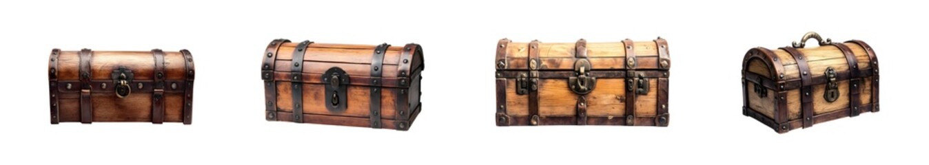 Poster - set of antique-style wooden chests with leather straps. isolated on transparent background