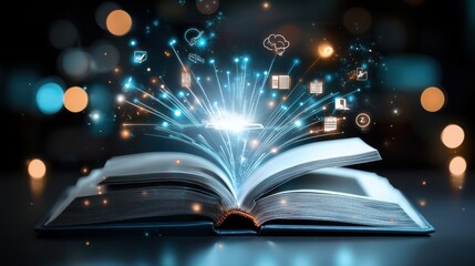 Poster - An open book with pages emitting a magical glow symbolizing the power of knowledge learning and discovery