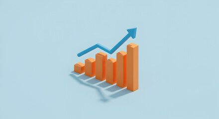 Poster - Pixelated 3D Render Of Upward Trending Orange Bar Graph with Blue Arrow Against a Light Blue Background Depicting Growth