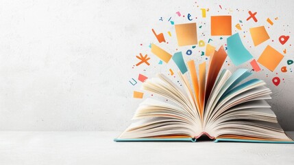Poster - An open book with vibrant glowing pages that seem to be releasing a dynamic explosion of abstract shapes patterns and colors symbolizing the transformative power of knowledge learning and intellectual