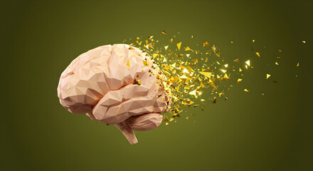 Poster - Pixelated Brain Shattering into Golden Particles on Olive Green Backdrop Signifying Cognitive Decline and Alzheimer's Disease