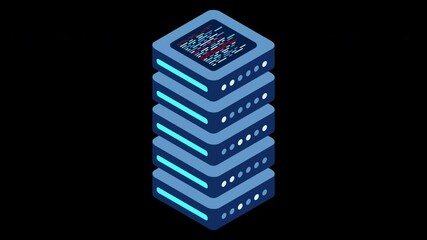 Fototapete - Isometric server animation. Network server room. 3D computer equipment. Storage database. Isometric technology. Transparent background with alpha channel