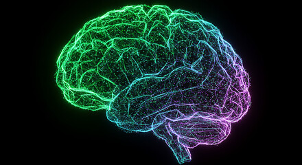 Poster - Abstract Neon Brain Glowing Neural Network Digital Brain Anatomy Science Concept