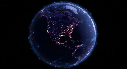 Poster - Pixelated Globe with Illuminated North America Cities on Black Background Network Visualization