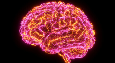 Poster - Abstract Glowing Neon Brain Neurological Network Pink Orange Medical Science Concept