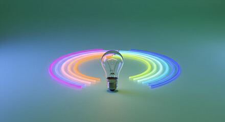 Poster - Pixelated Lightbulb Surrounded by a Rainbow Arc on Blue Green Background Digital Illustration