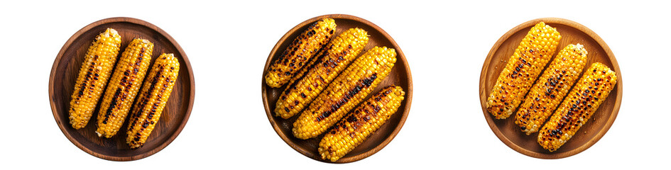Poster - set of Grilled corn on wooden plates. isolated on transparent background