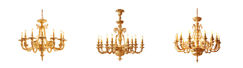 Fototapete - set of Ornate gold chandeliers against a plain background.