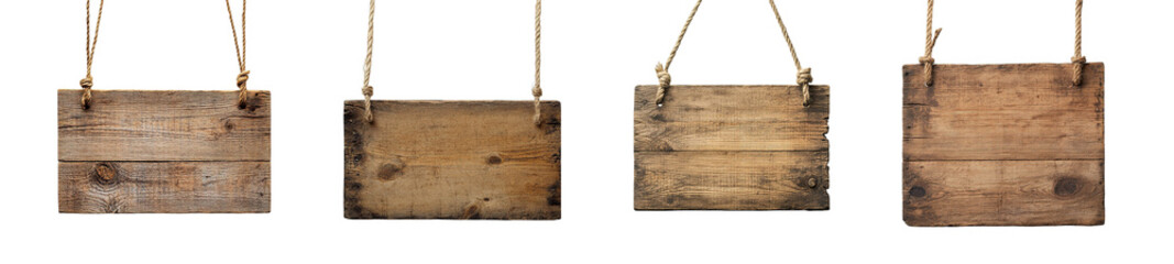 Poster - set of weathered wooden signs hanging from ropes. isolated on transparent background