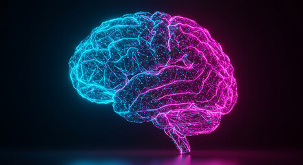 Poster - Abstract Neon Brain Glowing Wireframe Neural Network AI Concept
