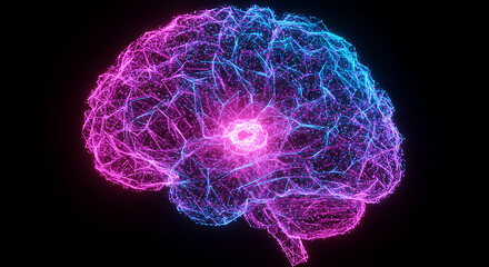 Poster - Abstract Neon Brain Glowing Pink and Blue Neural Network AI Concept