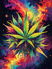 Wall Mural - A vibrant cannabis leaf stands out against a cosmic background, surrounded by swirling, multicolored patterns resembling a galactic scene. 