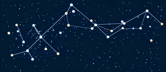 Fototapete - A celestial illustration of a constellation connecting stars in a dark blue night sky featuring a network of white lines and glowing dots