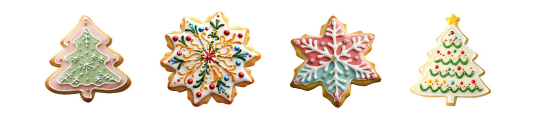 set of Festive christmas cookies decorated with icing. isolated on transparent background
