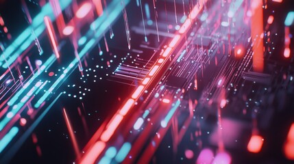 Fototapete - A close up view of the intricate circuitry and vibrant neon like lights of an AI powered microchip creating a futuristic and captivating abstract design