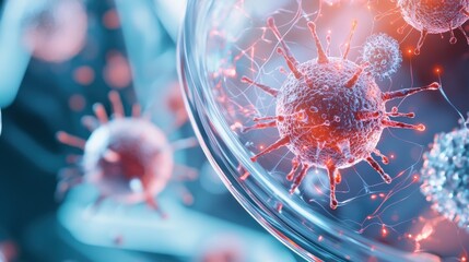 Poster - magnified view of various microorganisms including bacteria and virus cells observed under a microsc