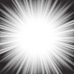 Leinwandbilder - Halftone gradient sun rays pattern. Abstract halftone vector dots background. monochrome dots pattern. Vector background in comic book style with sunburst rays and halftone. Retro pop art design.