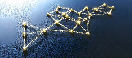 Fototapete - Glowing golden network illustration on textured blue background representing connectivity and digitalization
