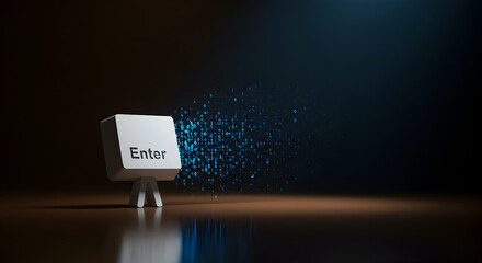 Poster - Stylized Enter Key Figure Dissolving into Blue Pixels on Reflective Surface with Gradient Brown and Blue Background