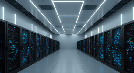 Poster - Symmetrical Perspective of a Server Room with Rows of Black Racks and Blue Lights Illuminated by Modern White Tube Lighting