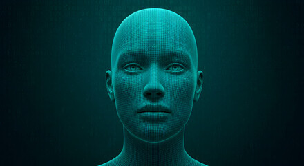 Poster - Teal Digital Human Face with Intricate Network Patterns on Dark Background Artificial Intelligence Concept