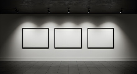 Poster - Three Blank Frames Hang on White Wall Under Spotlights in Dark Room with Concrete Elements Art Gallery Mockup