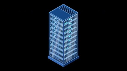 Fototapete - Isometric server animation. Network server room. 3D computer equipment. Storage database. Isometric technology. Transparent background with alpha channel