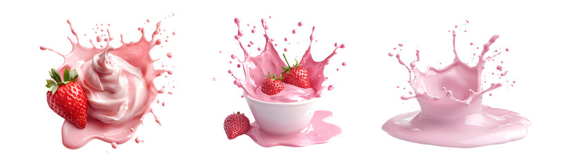 Poster - set of Strawberry yogurt splashes in a bowl. isolated on transparent background