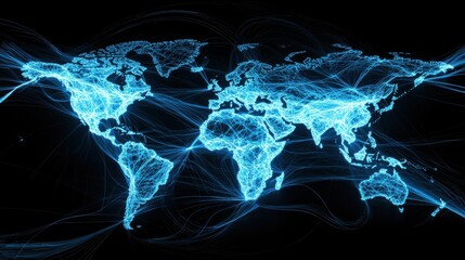 Poster - A digital visualization of a global network of interconnected data and communication systems represented by a world map with glowing blue lines of energy and motion