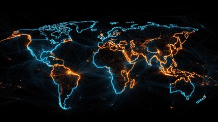 Poster - A global map illuminated by a dynamic network of glowing lines representing the interconnected infrastructure and communication systems that power the modern world