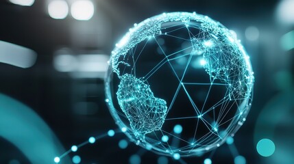 Poster - A futuristic digital sphere composed of a glowing network of interconnected data nodes symbolizing global connectivity and the exchange of information in the modern technological world