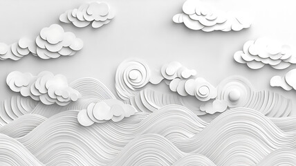 Poster - Abstract white landscape with paper cut waves and clouds decorative minimalist backdrop perfect for wallpapers and modern interior design with elegant 3d effect