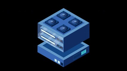 Poster - Isometric futuristic server animation. Isometric database or data center. Abstract blockchain. Computer storage. Cloud storage. Transparent background with alpha channel