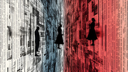 Aufkleber - Silhouetted figures positioned between walls of text depicting information overload in a digital abstract conceptual artwork with a futuristic aesthetic