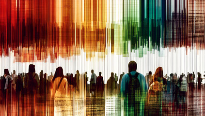 Aufkleber - Abstract depiction of a diverse crowd moving beneath layered colorful vertical lines representing data or information flow.