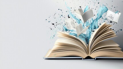 Poster - An open book with dynamic waves of vibrant blue ink flowing out from its pages representing the creative and imaginative potential of knowledge and literature