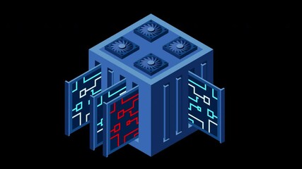 Poster - Isometric futuristic server animation. Isometric database or data center. Abstract blockchain. Computer storage. Cloud storage. Transparent background with alpha channel