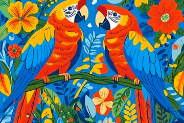 Poster - Two vibrant macaws perched on a branch surrounded by lush floral and foliage against a bright blue backdrop seamless tropical parrot illustration
