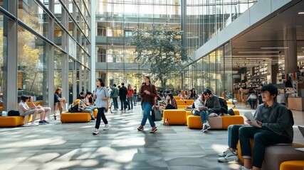 Poster - Diverse group of students studying and collaborating in a modern university environment, Diverse group of students in large modern university building