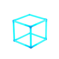 Poster - A luminous cyan cube frame floating against a stark black background in a digital rendering style isolated on transprent background