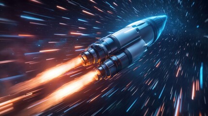 Poster - Powerful rocket with advanced ion propulsion systems igniting its engines ready to embark on an ambitious journey of space and scientific discovery