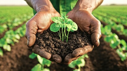 Poster - weathered earthy hands carefully cupping dark nutrient rich soil and a fragile newly sprouted plant 