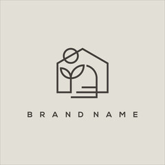 Poster - line art icon minimalist house with plants and sun logo vector
