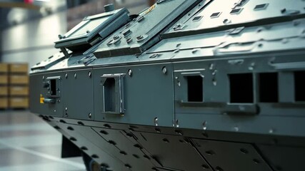 Poster - Detailed view of an armored military vehicle in a modern workshop environment, 3d model of an armored military vehicle in a close up view inside an industrial hangar